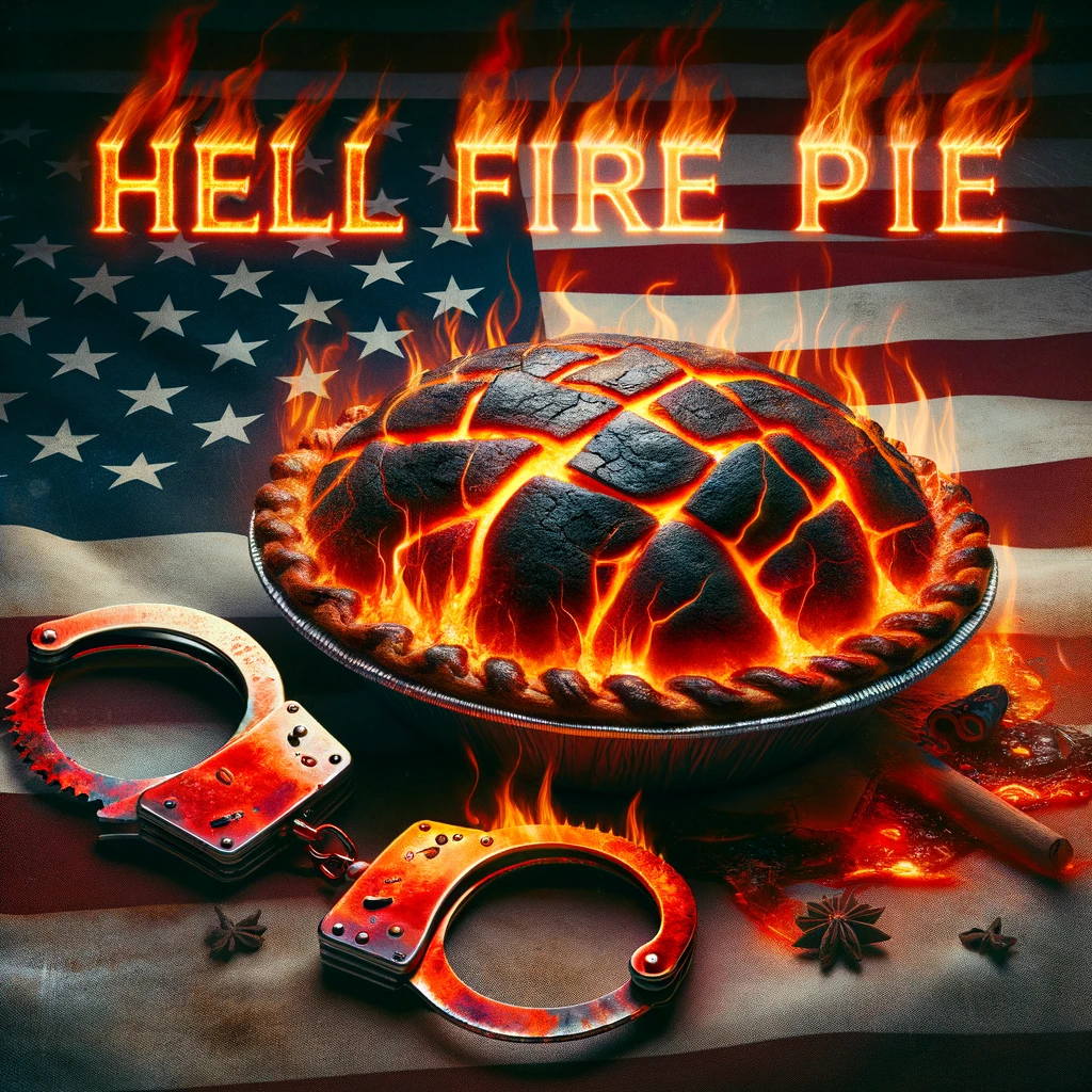 DALLĀ·E 2024-03-20 10.00.32 - Create an image with an American flag in the background, slightly darkened. In the foreground, there's a pie with a crackling, ember-like crust that a